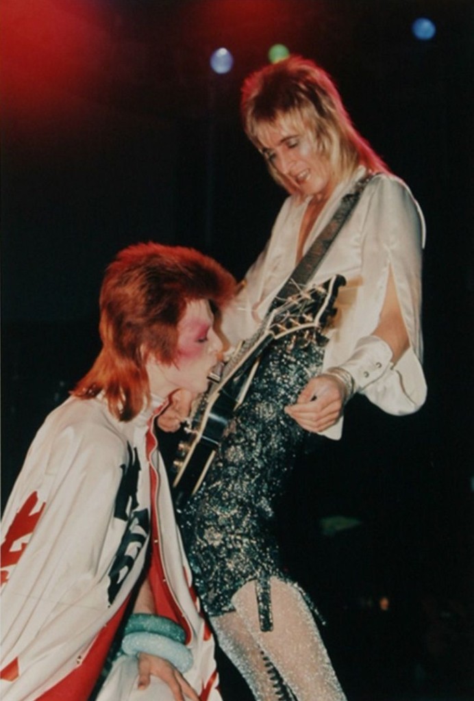 David Bowie as Ziggy Stardust, 'performing' with guitarist Mick Ronson.